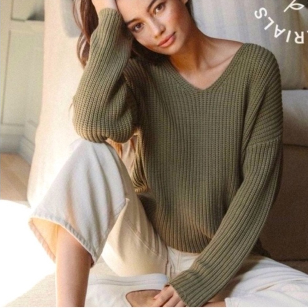 Jenni Kayne Fisherman Organic Cotton Blend Sweater V Neck S Sage Green